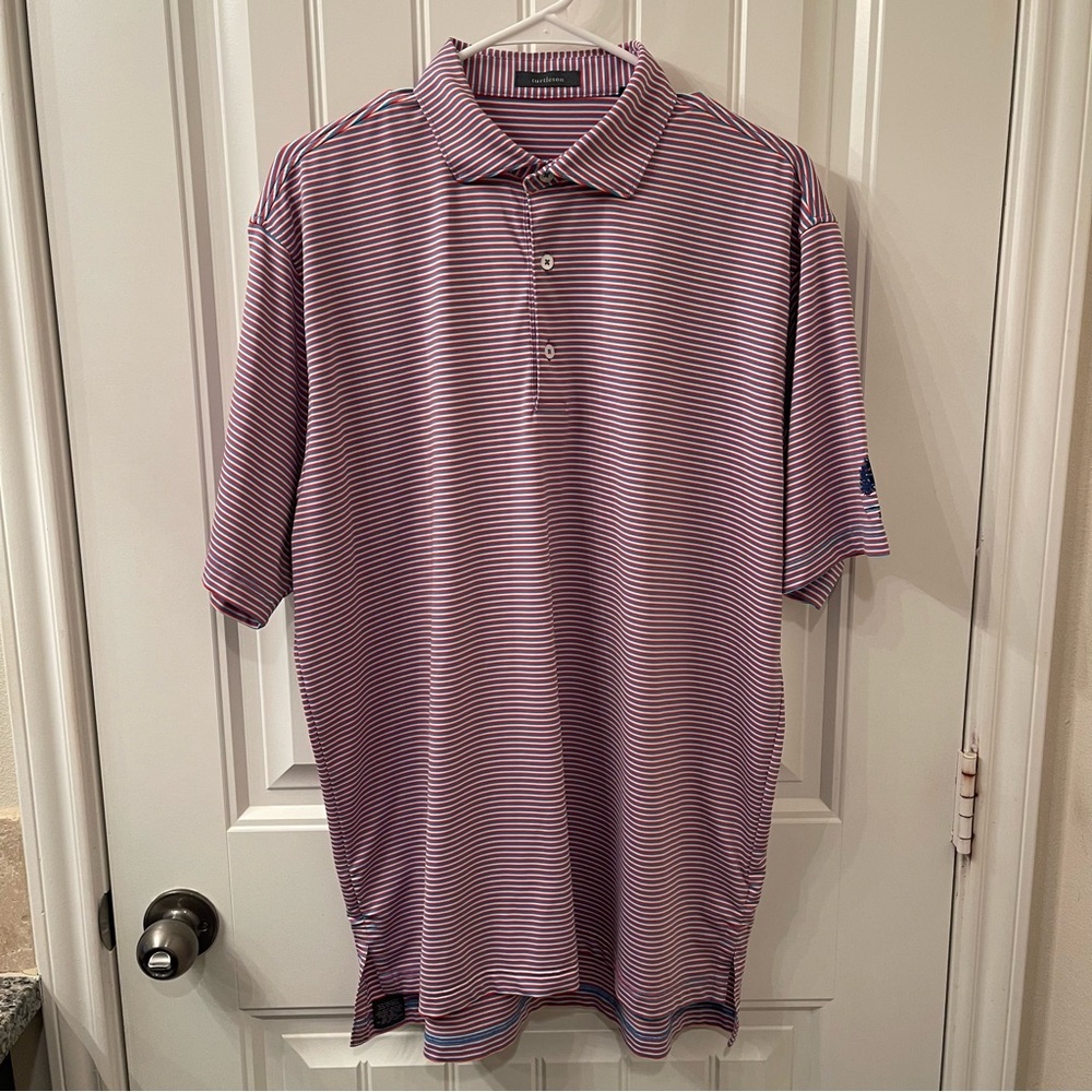 Turtleson Classic Men’s L Performance Golf Polo Striped Red White Blue Stretch